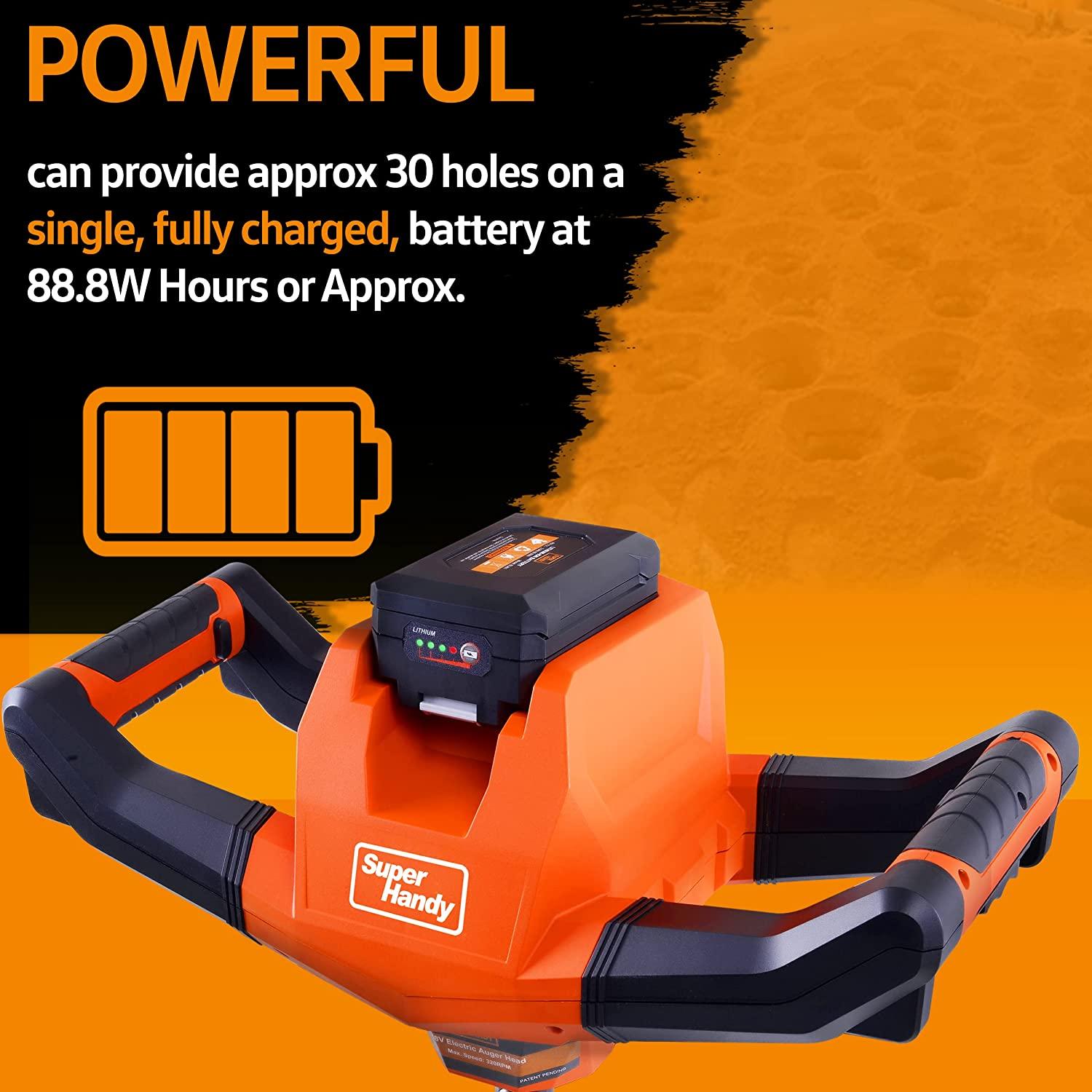 superhandy earth auger power head w/steel 6"x30" bit ultra duty eco-friendly electric cordless lithium-ion battery &amp; charger for earth burrowing/drilling &amp; post hole digging (earth auger 6" set)