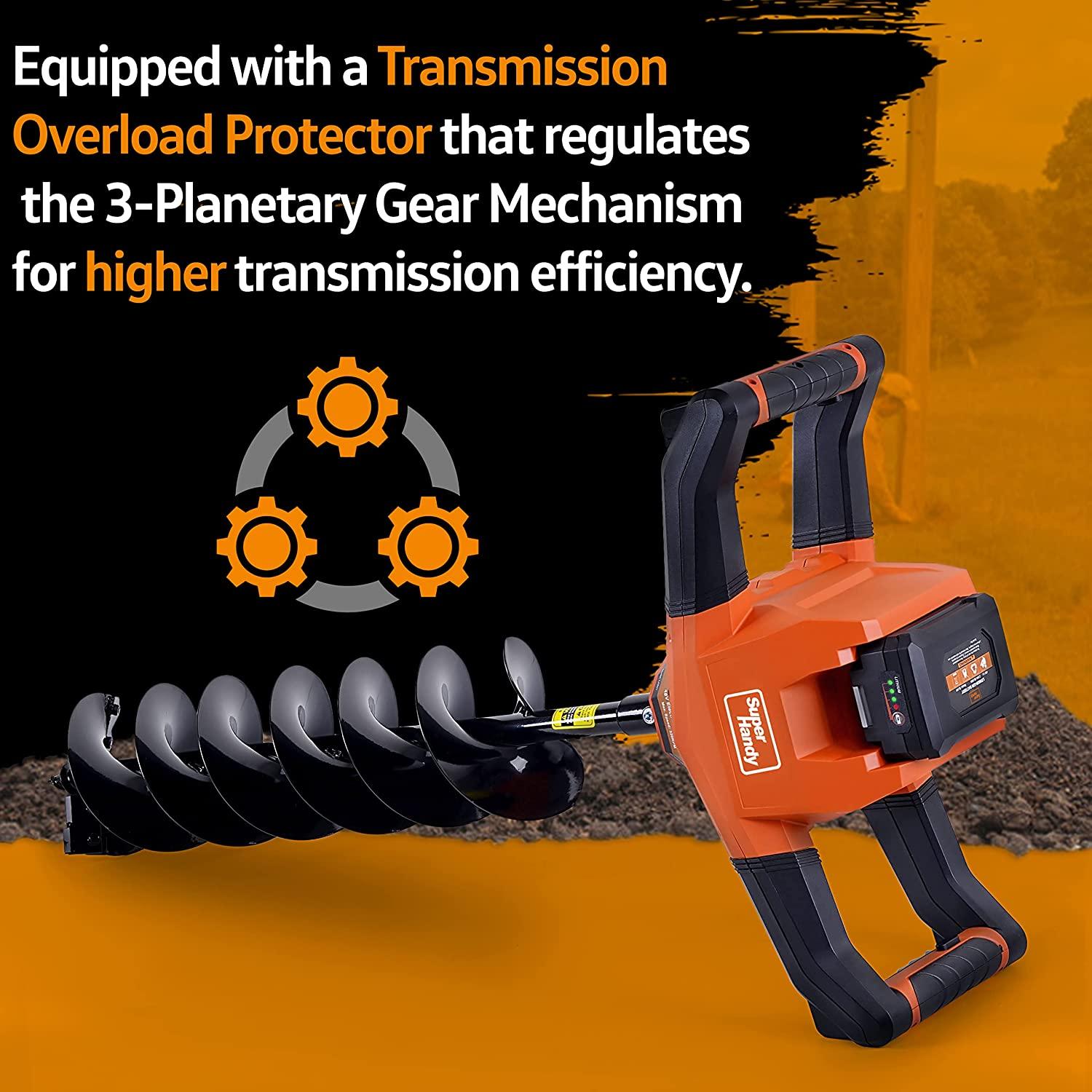 superhandy earth auger power head w/steel 6"x30" bit ultra duty eco-friendly electric cordless lithium-ion battery &amp; charger for earth burrowing/drilling &amp; post hole digging (earth auger 6" set)
