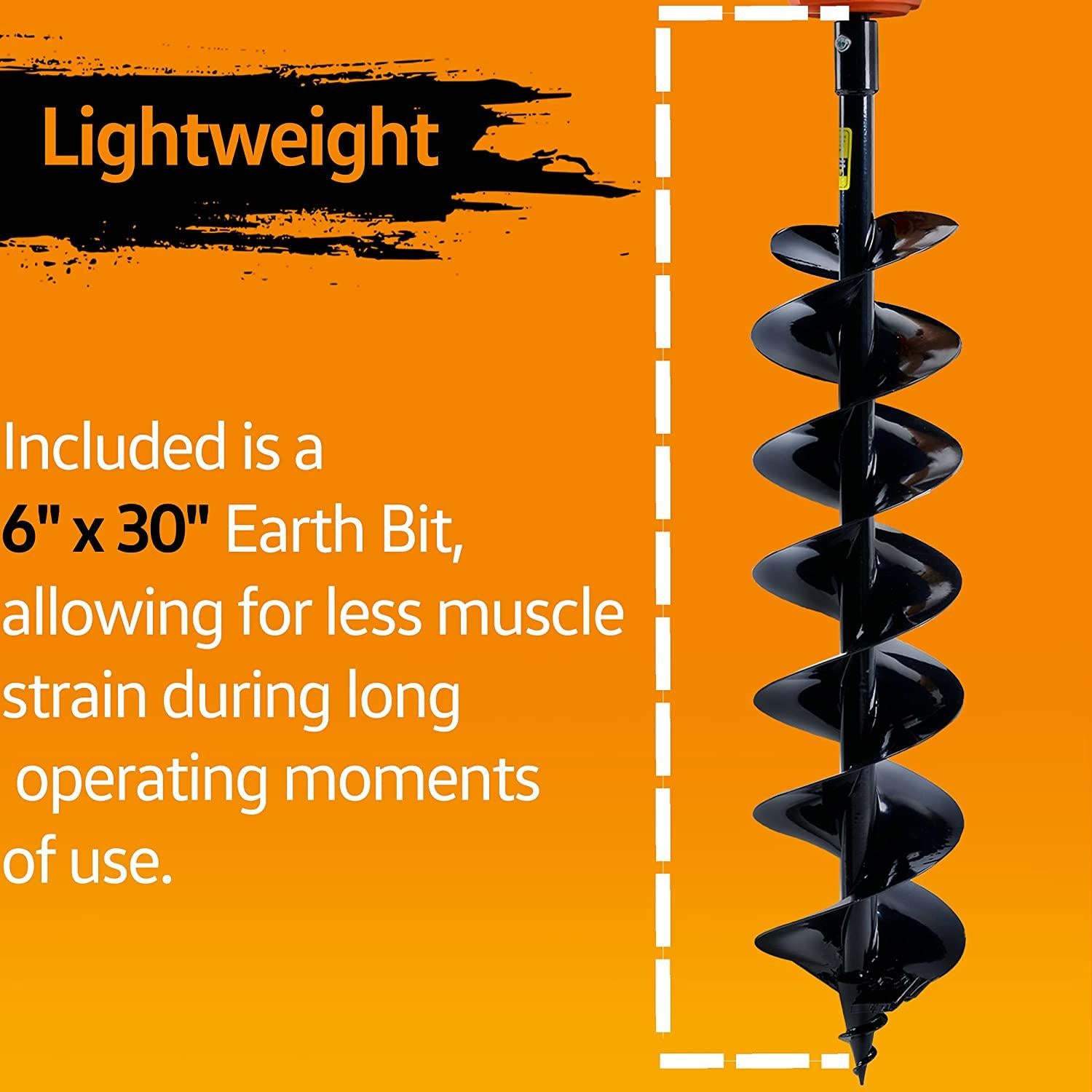 superhandy earth auger power head w/steel 6"x30" bit ultra duty eco-friendly electric cordless lithium-ion battery &amp; charger for earth burrowing/drilling &amp; post hole digging (earth auger 6" set)