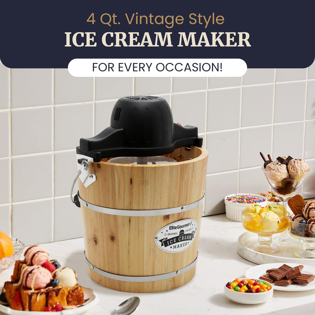 EIM402 Old Fashioned 4 Quart  Bucket Electric Ice Cream Maker Machine, Bonus Classic Die-Cast Hand Crank for Churning, Uses Ice and Rock Salt Churns Ice Cream in Minutes