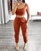 u-neck crop top &amp; drawstring pocket design pants set