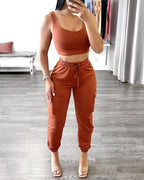 u-neck crop top &amp; drawstring pocket design pants set