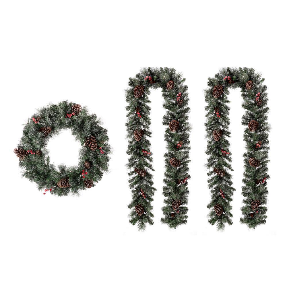 24 in. D 9 ft. L Pre-Lit Glittered Pine Cone Artificial Christmas Garland Set and Wreath (2-Pack)