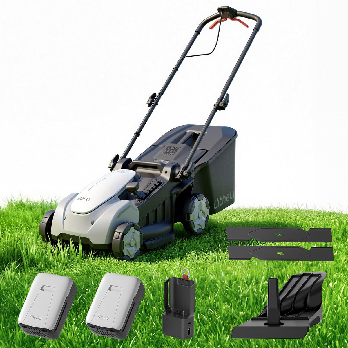 40V Cordless Lawn Mower 16 Inch, 2x20V Electric Push Mower, Brushless Motor, 6 Position Cutting Heights 25 75mm, 50L LarGrass Catcher, Mulching Capable, 2x5.0Ah Batteries and Charger