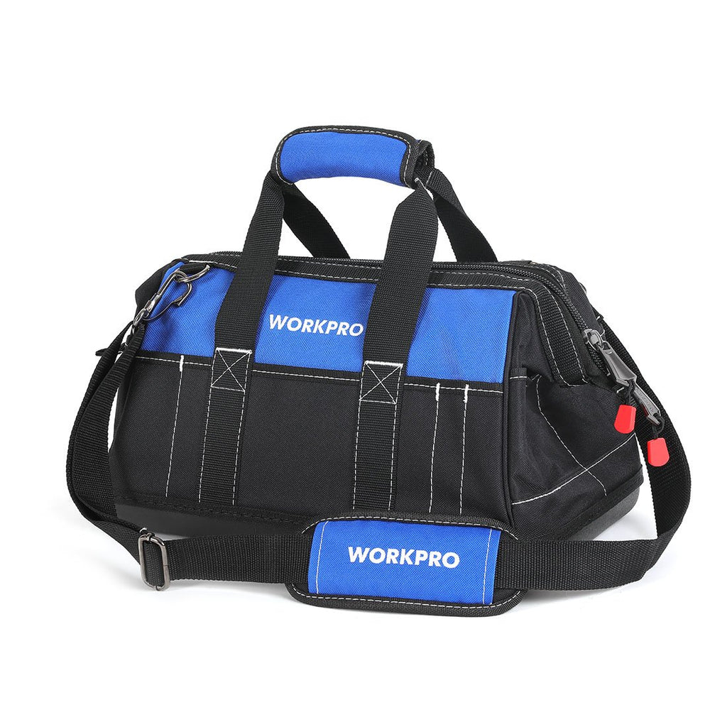 16-inch Wide Mouth Tool Bag with Water Proof Molded Base | Multi-Pocket, Heavy Duty Cloth, Adjustable Shoulder Strap, Double-pull Zipper, For Workshops, Outdoor Projects