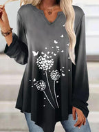 V-neck Gradient Print Casual Long Sleeve T-shirt