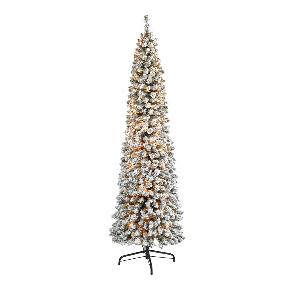 Nearly Natural 7' White Flocked Pencil Artificial Christmas Tree Prelit 400 Clear Lights