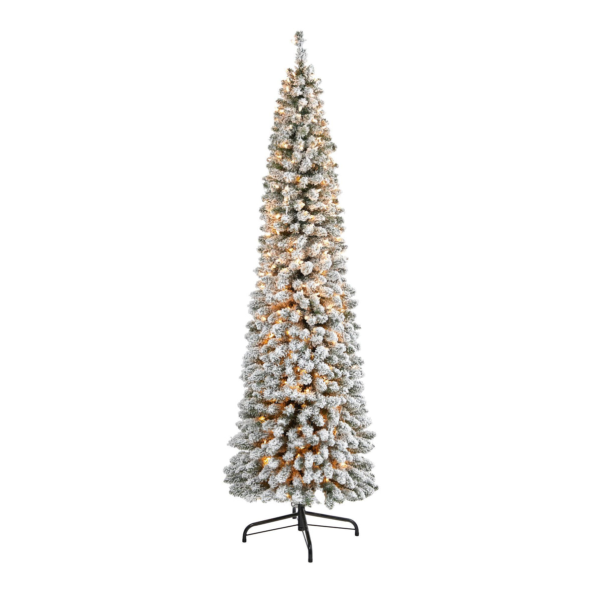 Nearly Natural 7' White Flocked Pencil Artificial Christmas Tree Prelit 400 Clear Lights