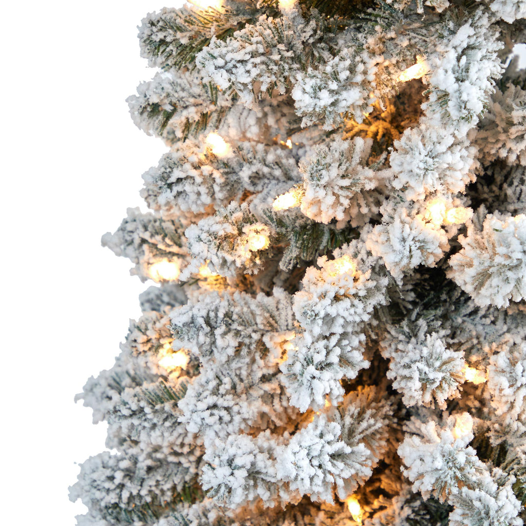 Nearly Natural 7' White Flocked Pencil Artificial Christmas Tree Prelit 400 Clear Lights