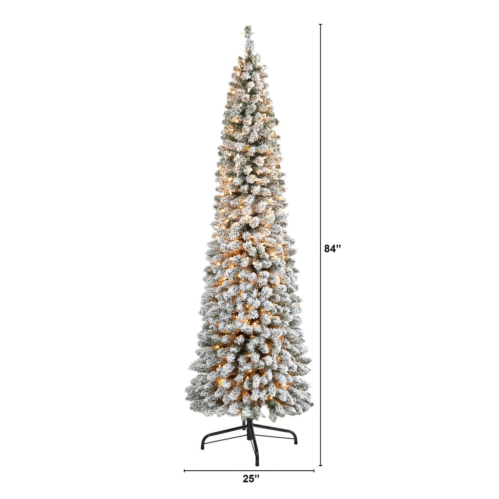 Nearly Natural 7' White Flocked Pencil Artificial Christmas Tree Prelit 400 Clear Lights