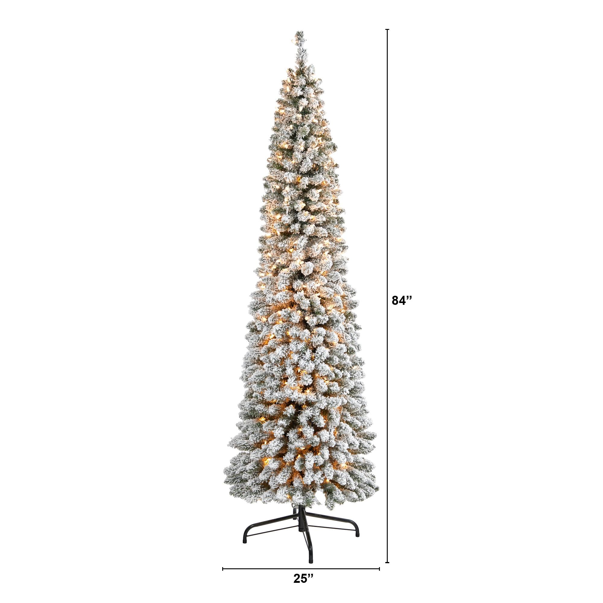 Nearly Natural 7' White Flocked Pencil Artificial Christmas Tree Prelit 400 Clear Lights