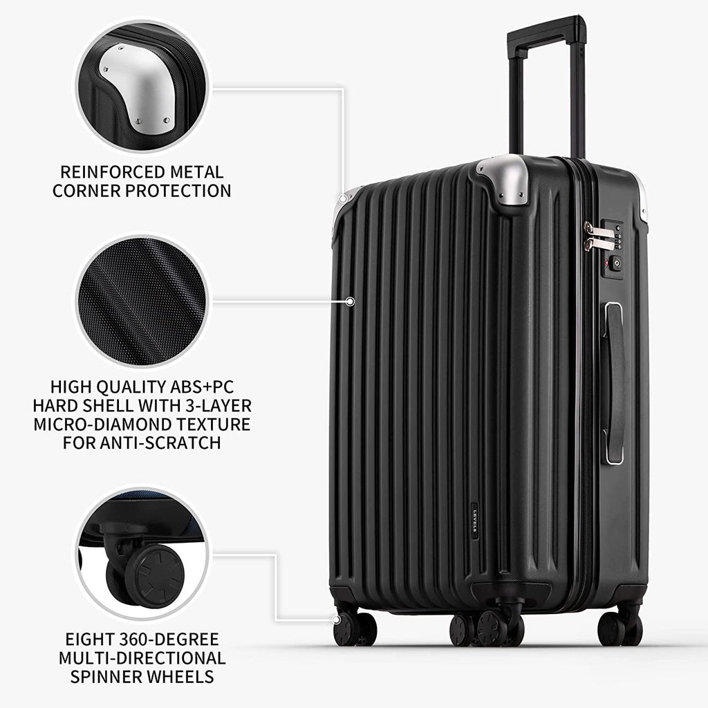 Grace luggage sets PC+ABS Hardshell suitcase with Spinner Wheels, durable lightweight luggage TSA Lock 20" expandable Carry on 24"/28" Checked Luggage, 3-Piece Set (20/24/28) – Black