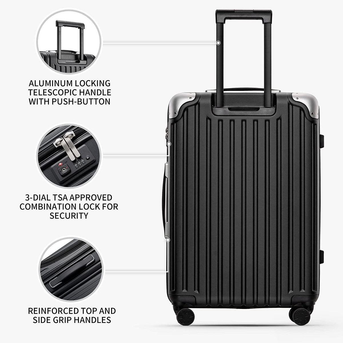 Grace luggage sets PC+ABS Hardshell suitcase with Spinner Wheels, durable lightweight luggage TSA Lock 20" expandable Carry on 24"/28" Checked Luggage, 3-Piece Set (20/24/28) – Black