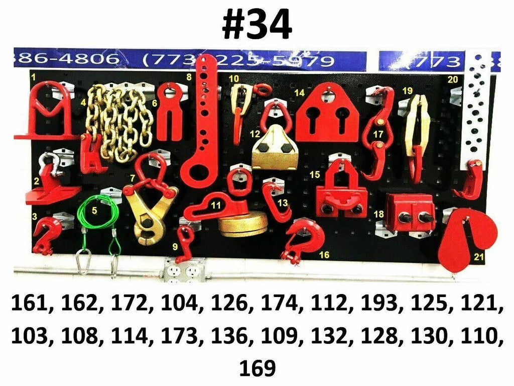 SET#34 B - 21 PIECE AUTO BODY FRAME MACHINE PULLING TOOLS AND CLAMPS WITH BOARD