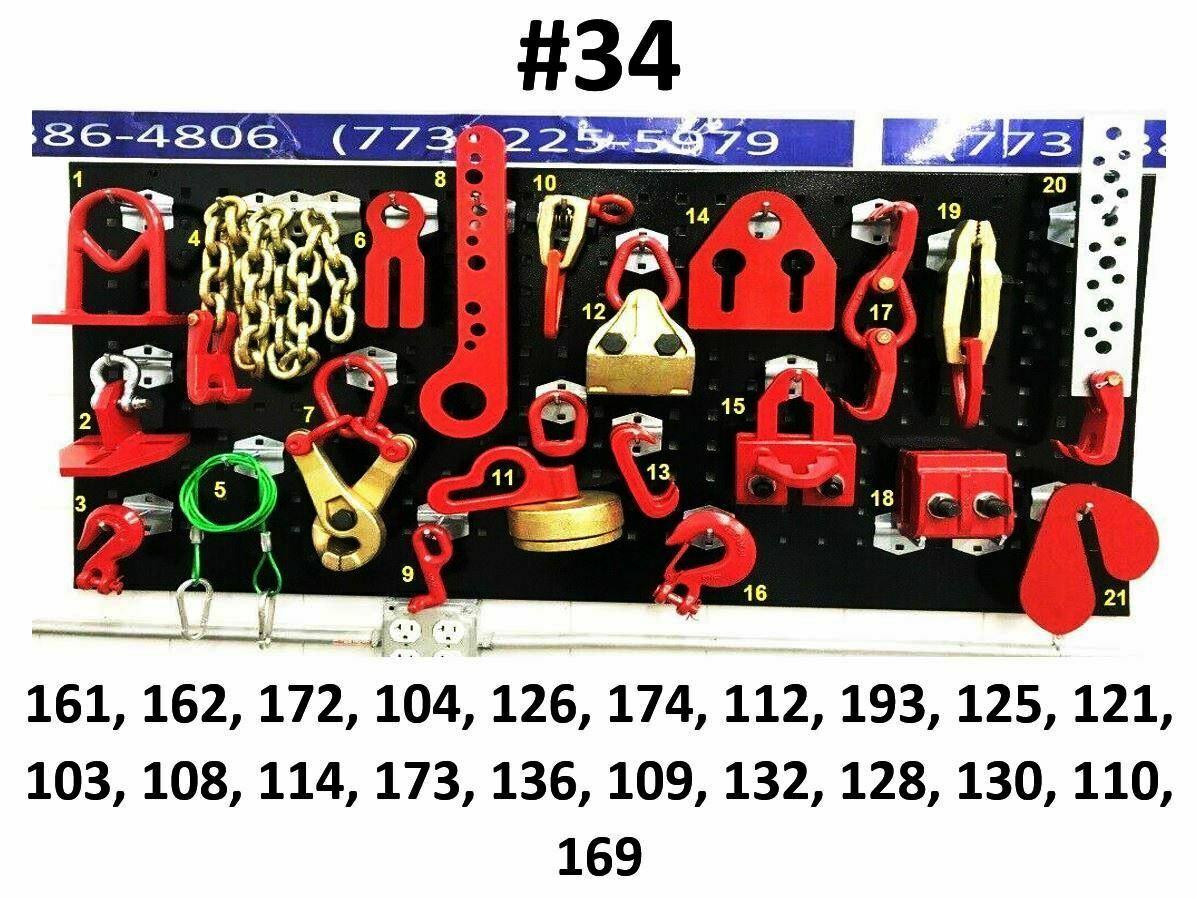 SET#34 B - 21 PIECE AUTO BODY FRAME MACHINE PULLING TOOLS AND CLAMPS WITH BOARD