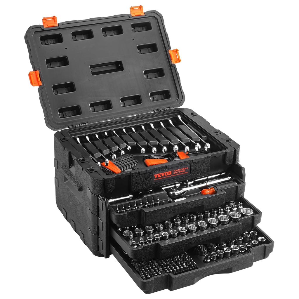 Mechanics Tool Set and Socket Set, 1/4" 3/8" 1/2" Drive, 450 PCS | SAE and Metric Socket Wrench Set with 3-Drawer Tool Box, Tool Kit with Bits, Combination Wrench, Hex Wrenches, Accessories
