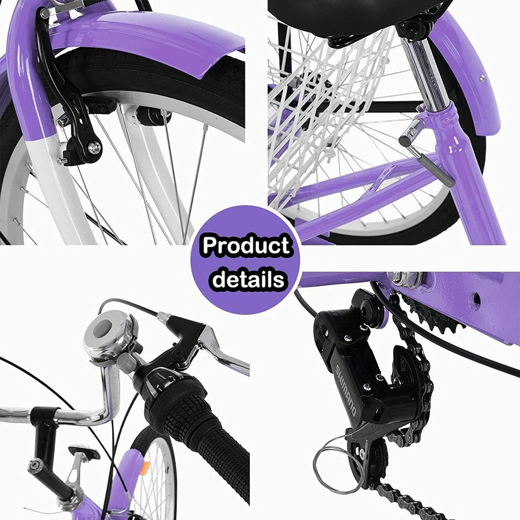 Kehaoy Adult Tricycle 7 Speed - Three Wheel Bikes for Seniors, Adults, Women, Men, 24 Inch Wheels, Cargo Basket, Purple
