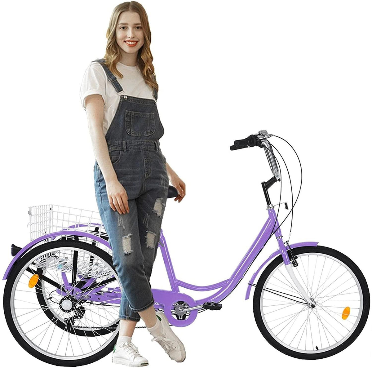 Kehaoy Adult Tricycle 7 Speed - Three Wheel Bikes for Seniors, Adults, Women, Men, 24 Inch Wheels, Cargo Basket, Purple