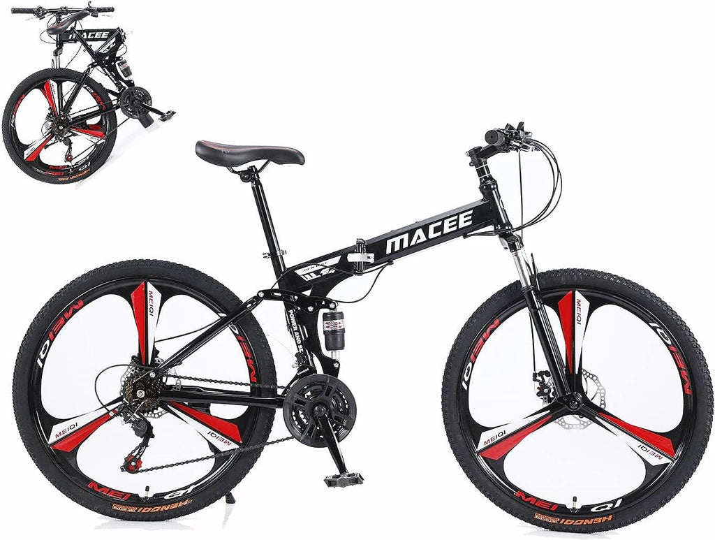 MXXJJ Folding 24'' Wheels Mountain Bike,21-Speed Full Suspension MTB Bicycle,3 Knife Wheel Mountain Bikes,High Carbon Steel Frame,Twist Shifters,Dual Disc Brakes,Outroad Bicycle for Men Women