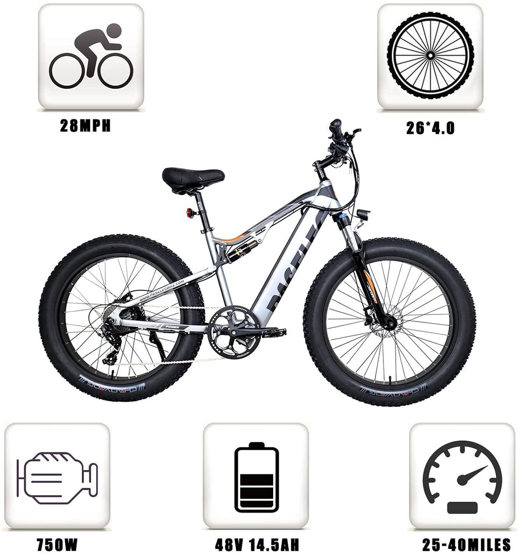 Electric Bikes for Adults Ebike with 750W Motor 14.5Ah Battery Electric Bicycles with 26 Inch 4.0 Fat Tires 9 Speed Gear Full Suspension