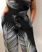 bandeau palm leaf print pocket design jumpsuit
