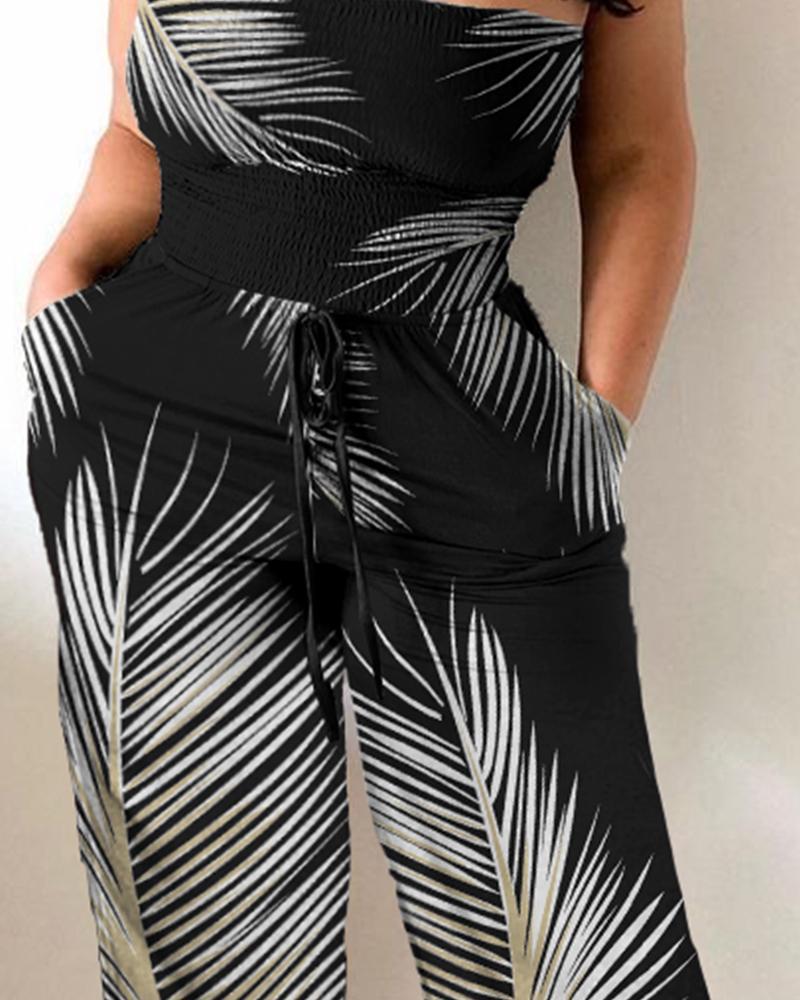 bandeau palm leaf print pocket design jumpsuit