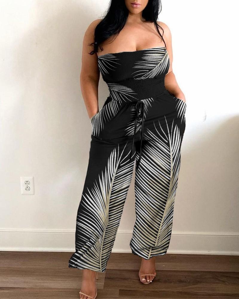 bandeau palm leaf print pocket design jumpsuit