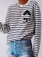 Fun Cat Print Striped Casual Long Sleeve T-shirt