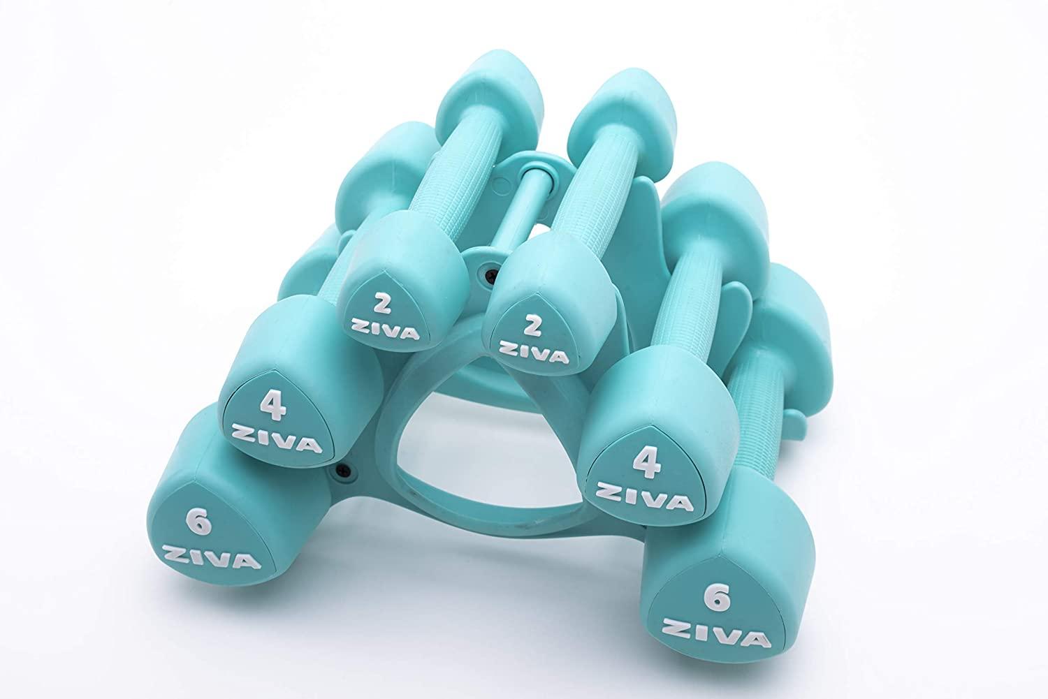 ZIVA Virgin Rubber Steel Tribell Dumbbell Set - Odorless, Ergonomic Non-Slip Comfort Grip - Exercise Weights for Core and Strength Training 閳 3 Pair Sets 閳 2 lb, 4 lb, 6 lb 閳 24 lbs, Turquoise