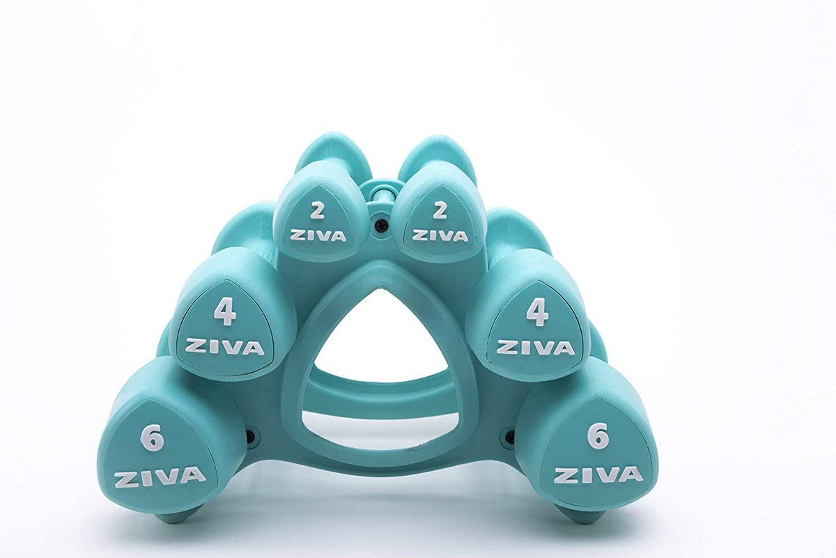 ZIVA Virgin Rubber Steel Tribell Dumbbell Set - Odorless, Ergonomic Non-Slip Comfort Grip - Exercise Weights for Core and Strength Training 閳 3 Pair Sets 閳 2 lb, 4 lb, 6 lb 閳 24 lbs, Turquoise