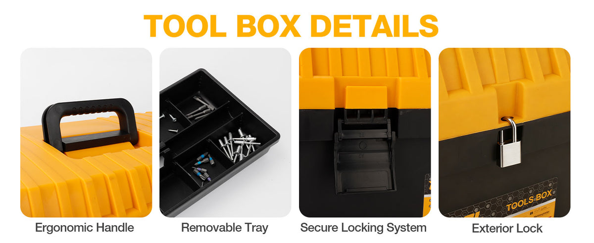 4 Pack Heavy Duty Plastic Tool Box Set, Stackable Portable Boxes, 13-19" | Removable Trays, Nesting, Adjustable Dividers, 50 lb Capacity, Modular Storage, Stackable, Garage, Workshop, Jobsite, Home