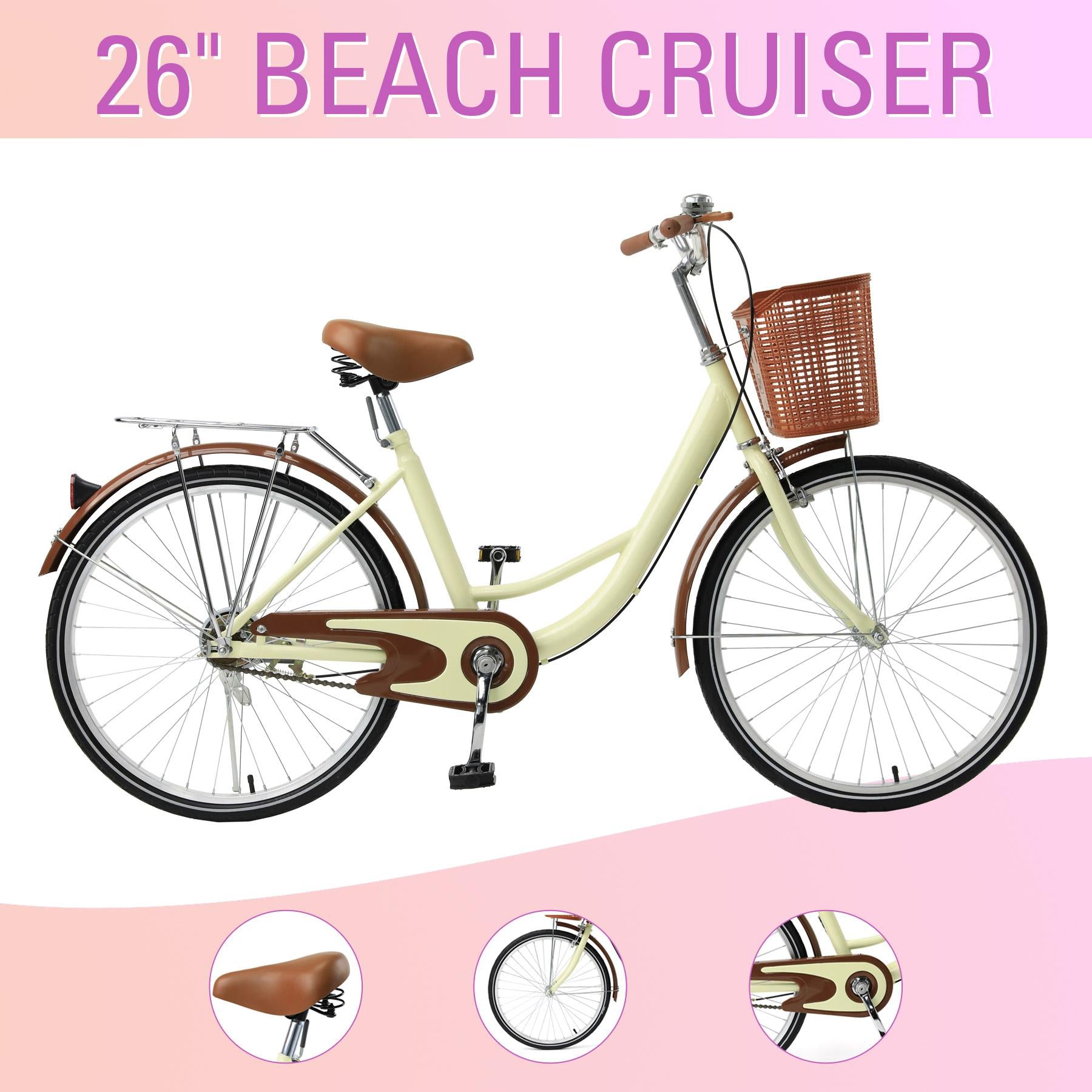 Preenex 26 In. Beach Cruiser Bike Bicycle for Women with Basket and Rear Rack