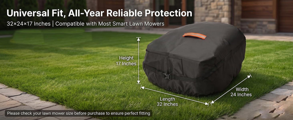 Robot Lawn Mower Cover Waterproof, 420D Outdoor Robotic Mower Cover, Black | 420D waterproof fabric, backyard robotic mower storafor rain snow dust sun, webbing strap,  buckle, elastic hem, vent