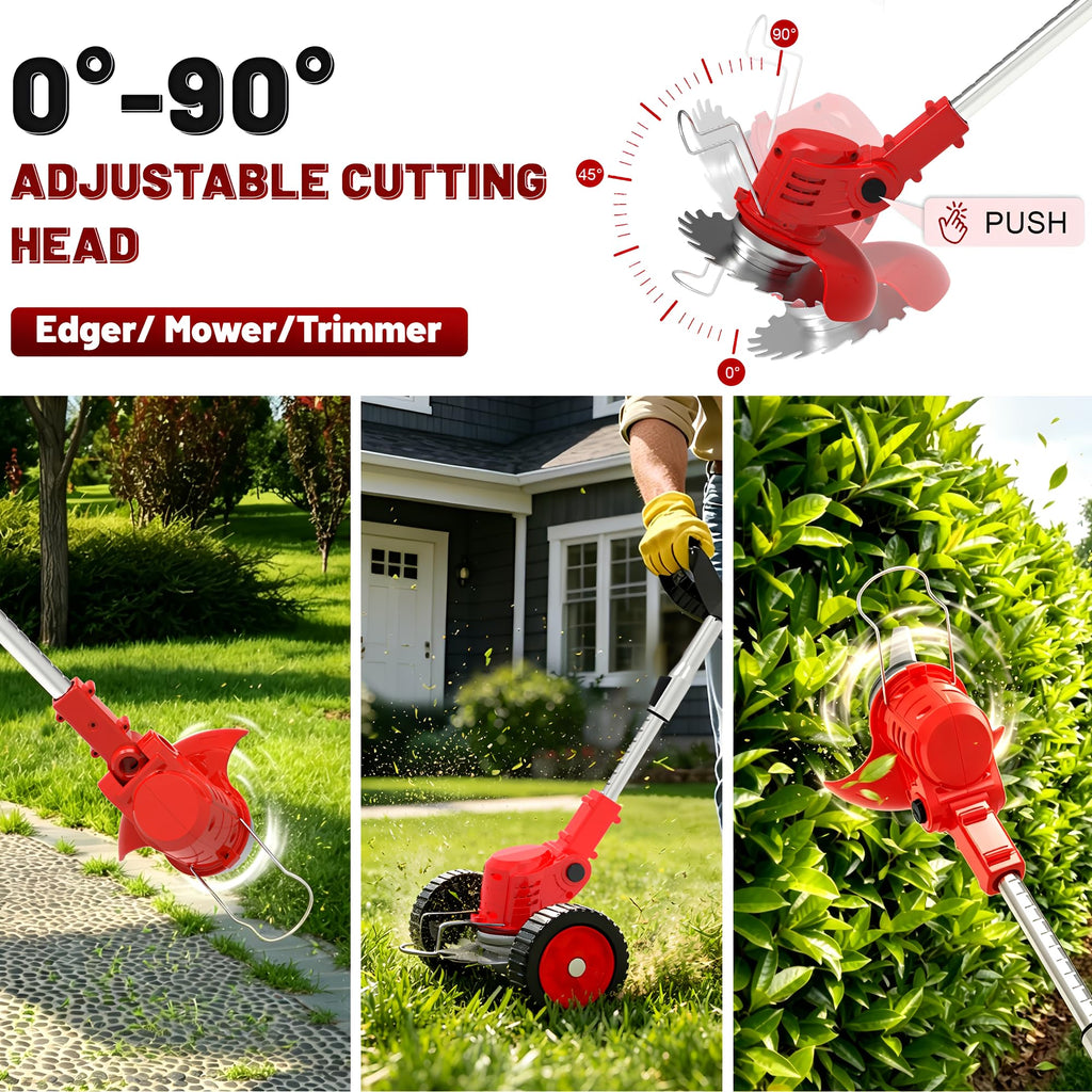 Electric Weed Wacker Cordless with Wheels,21V Lightweight Electric Weed Eater Battery Powered,4 in 1 Grass Trimmer/Brush Cutter/Lawn Edger/Lawn Mower,No String Trimmer Battery Operated for Garden Yard