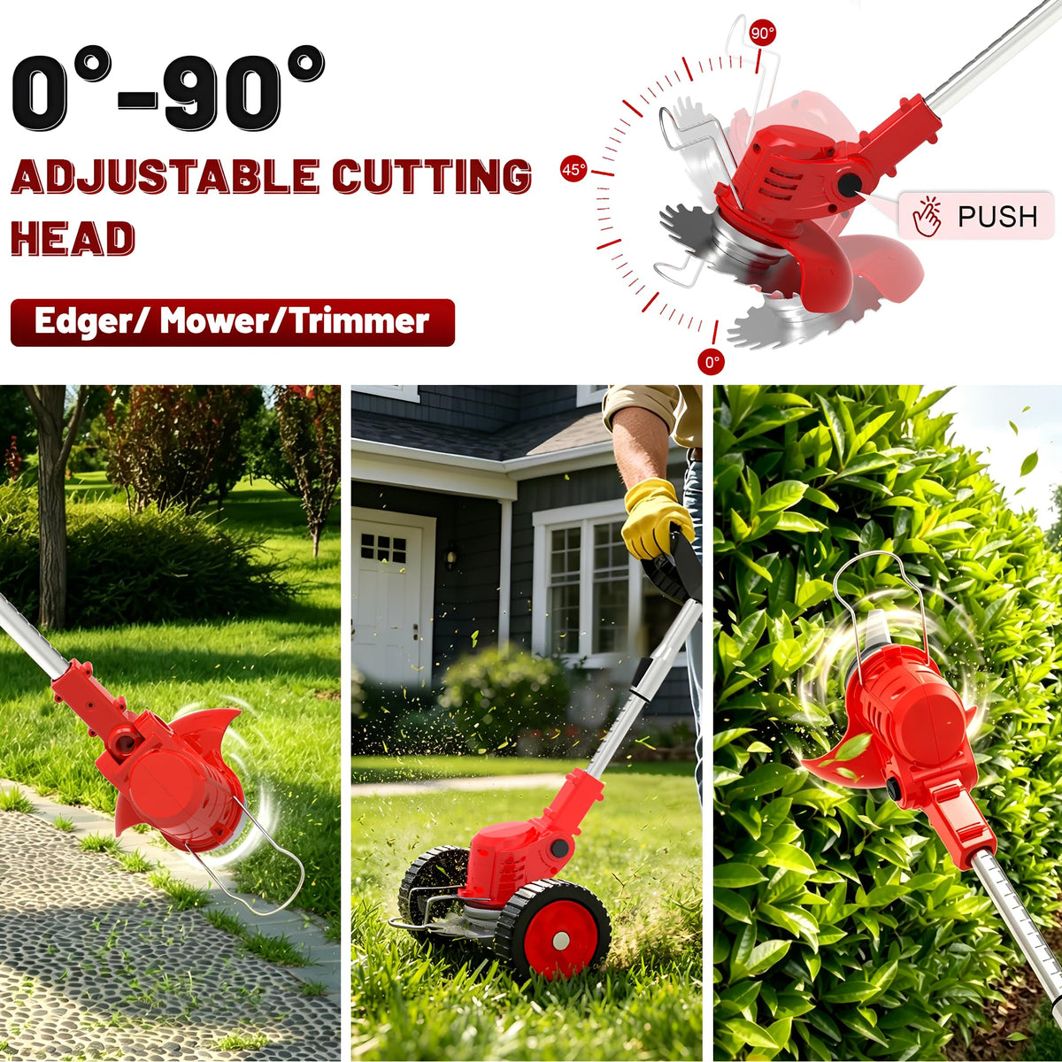 Electric Weed Wacker Cordless with Wheels,21V Lightweight Electric Weed Eater Battery Powered,4 in 1 Grass Trimmer/Brush Cutter/Lawn Edger/Lawn Mower,No String Trimmer Battery Operated for Garden Yard