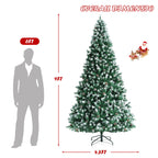 Gymax 9 FT Artificial Snow Flocked Christmas Tree Hinged Xmas Tree w/ Pine Cones