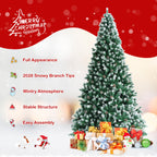 Gymax 9 FT Artificial Snow Flocked Christmas Tree Hinged Xmas Tree w/ Pine Cones