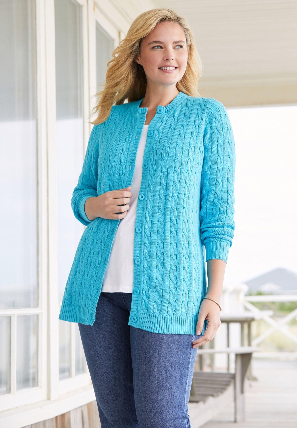 cotton cable knit cardigan sweater