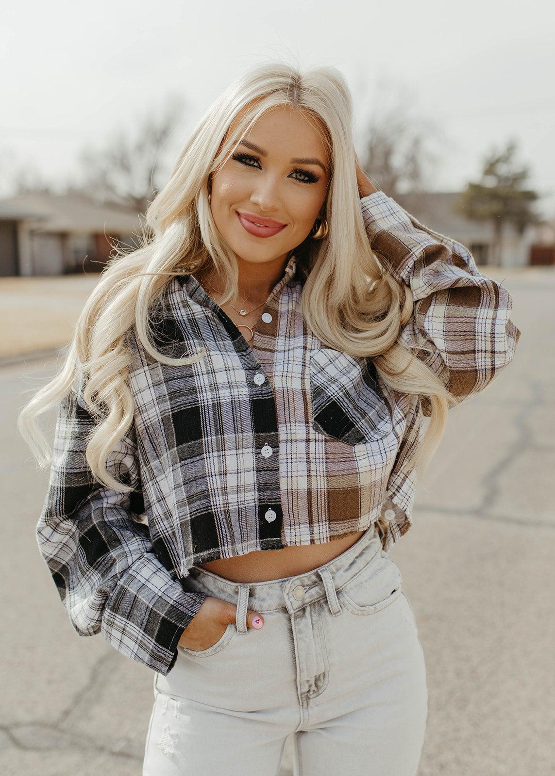 beige plaid cropped flannel top