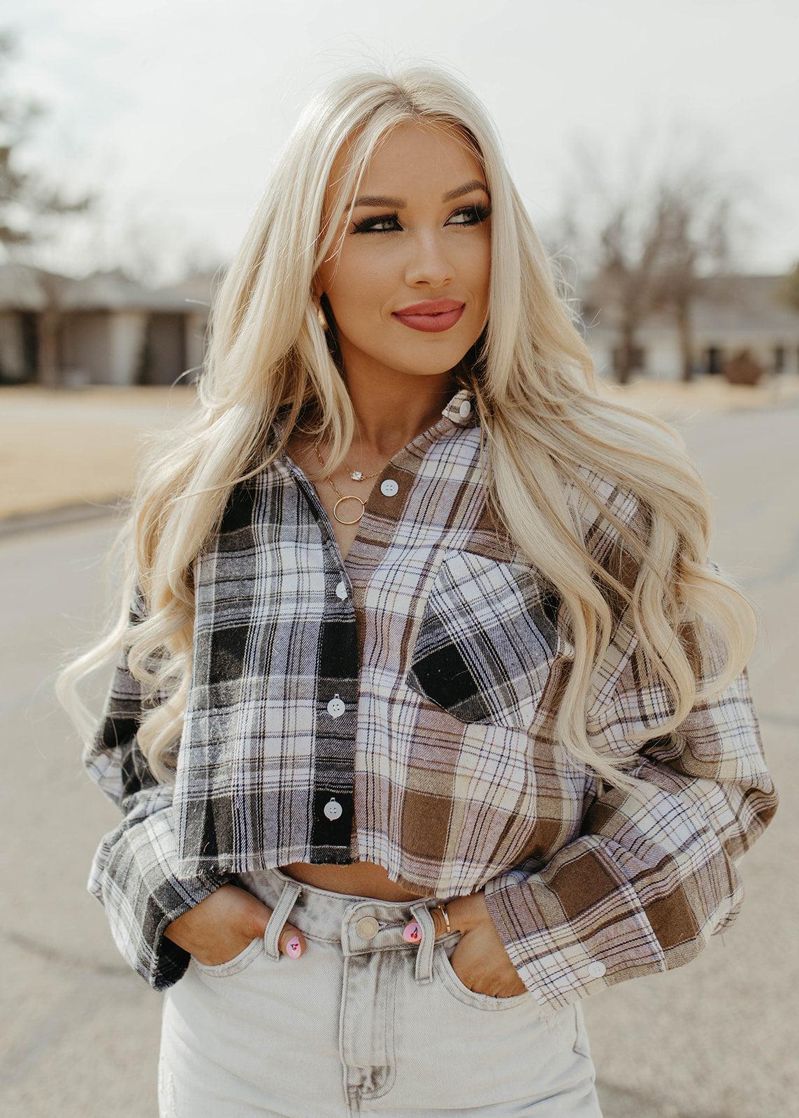 beige plaid cropped flannel top