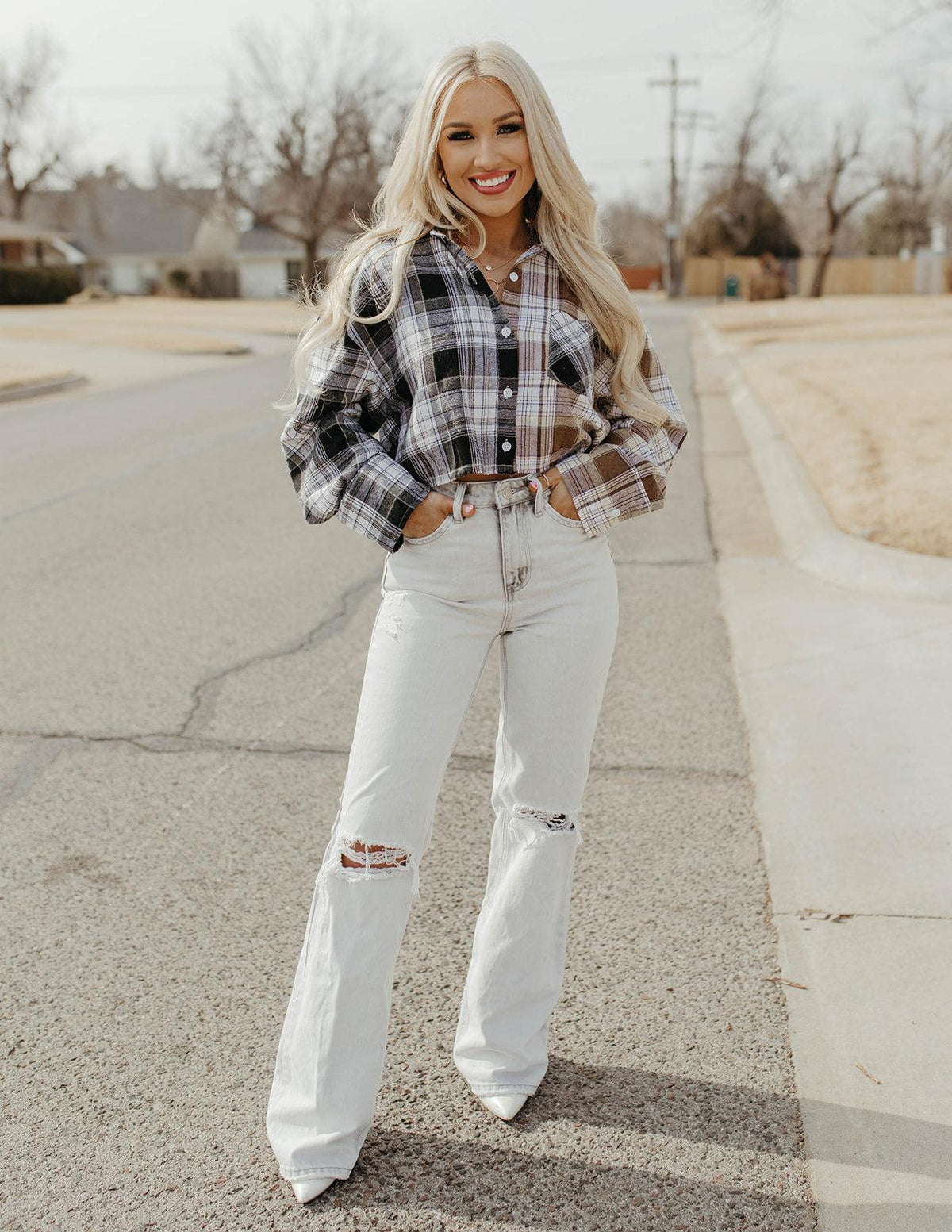 beige plaid cropped flannel top