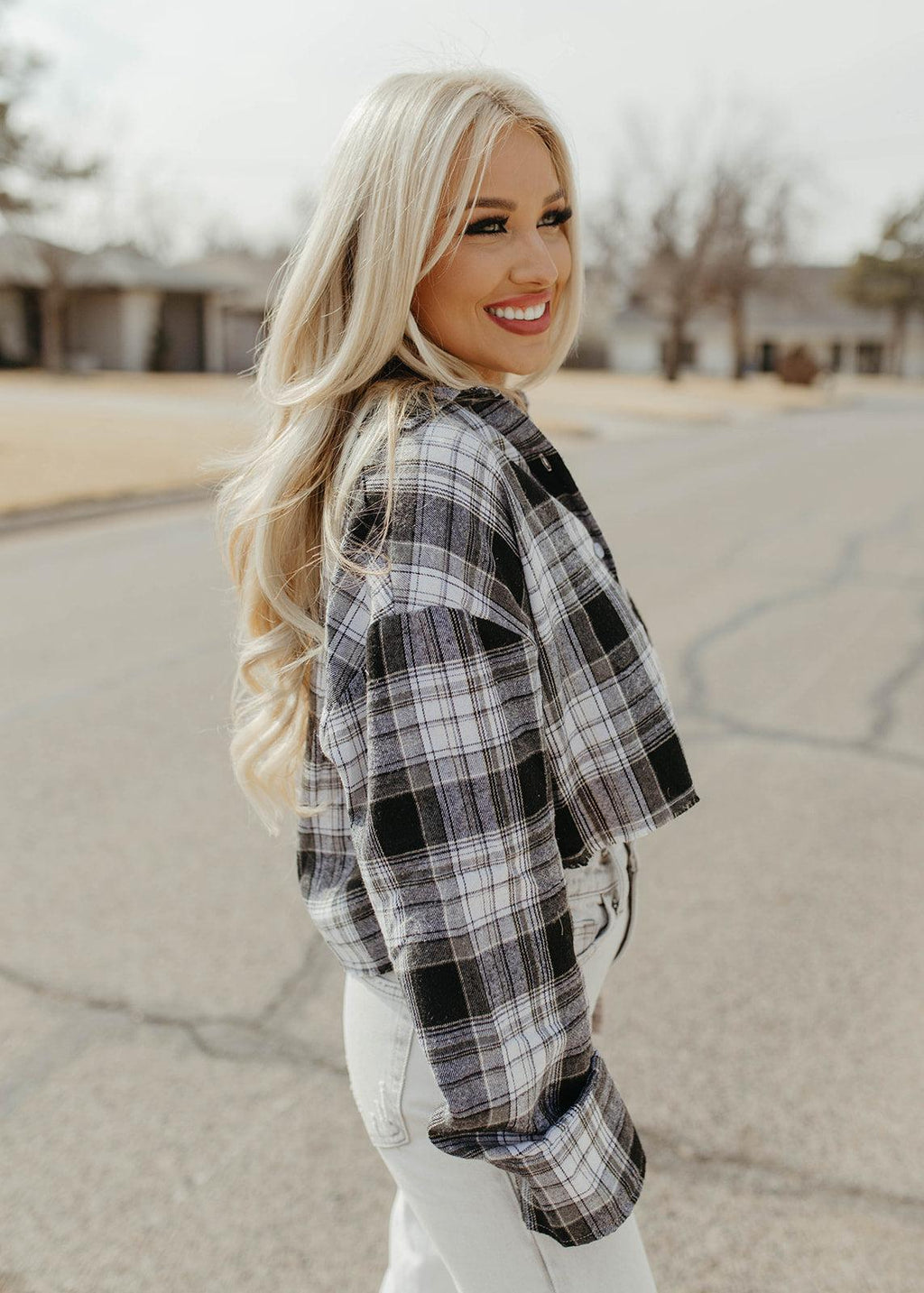 beige plaid cropped flannel top