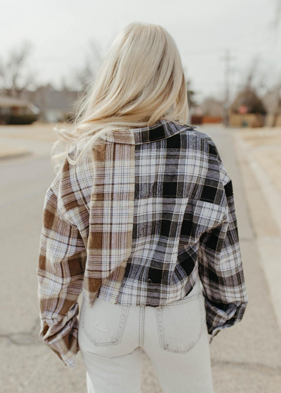 beige plaid cropped flannel top