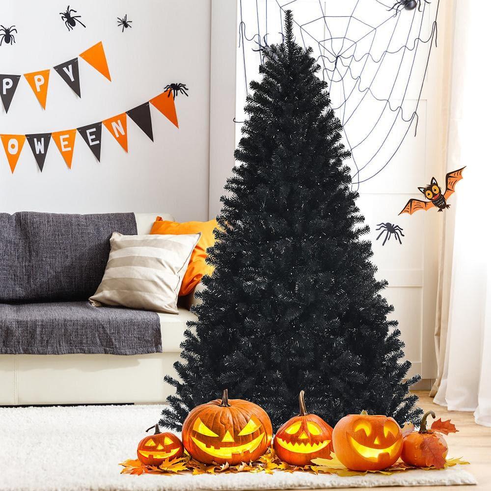 7 ft. Pre-lit PVC Halloween Artificial Christmas Tree Black with 500 Purple LED Lights