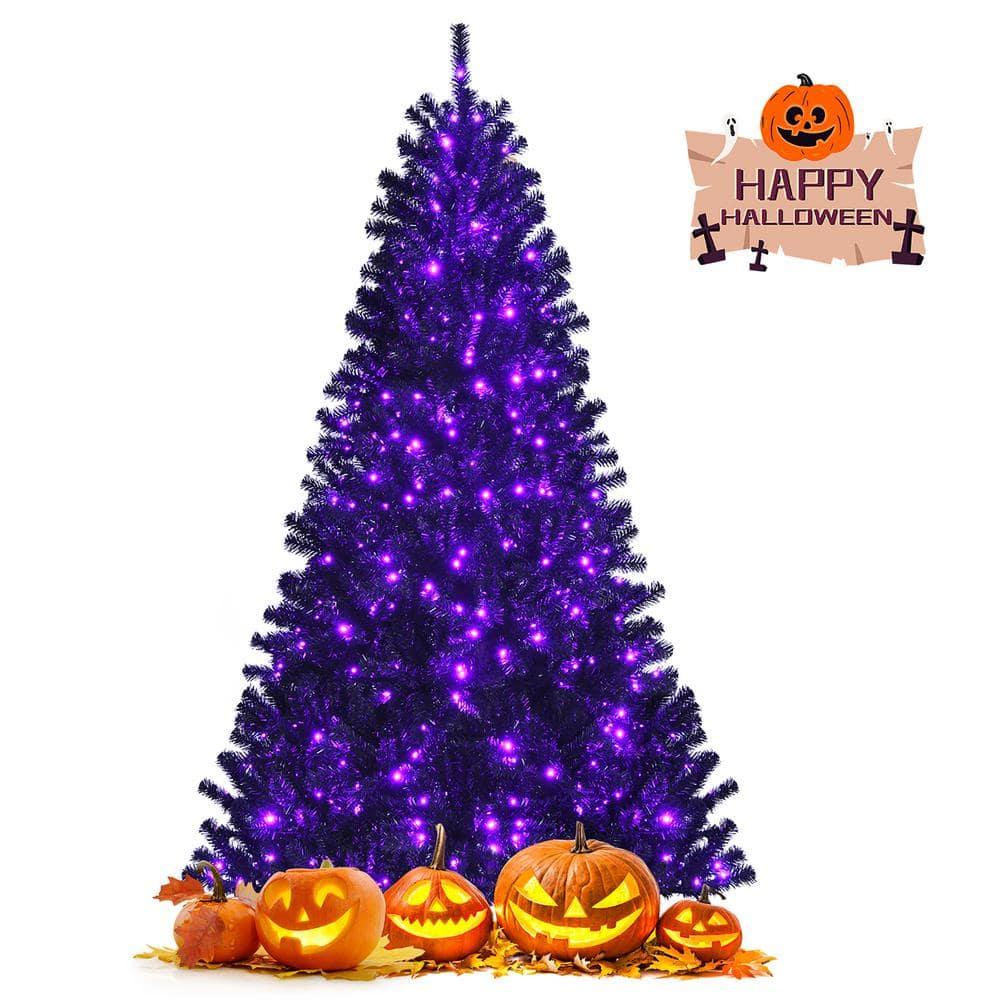7 ft. Pre-lit PVC Halloween Artificial Christmas Tree Black with 500 Purple LED Lights