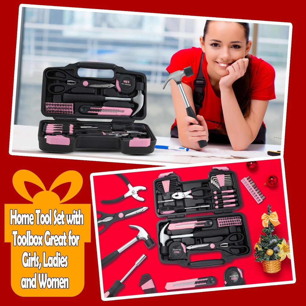 58 Piece Household Tool Set, General Household Hand Tool Kit with Plastic Toolbox StoraCase, All Purpose Household Tool Kit for Women, Girls and Ladies, Pink