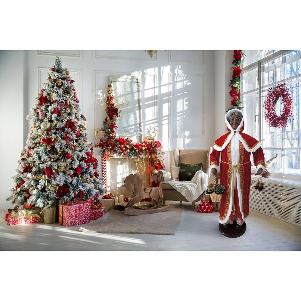 58 in. Dancing African American Christmas Mrs. Claus with Hooded Cloak and Basket