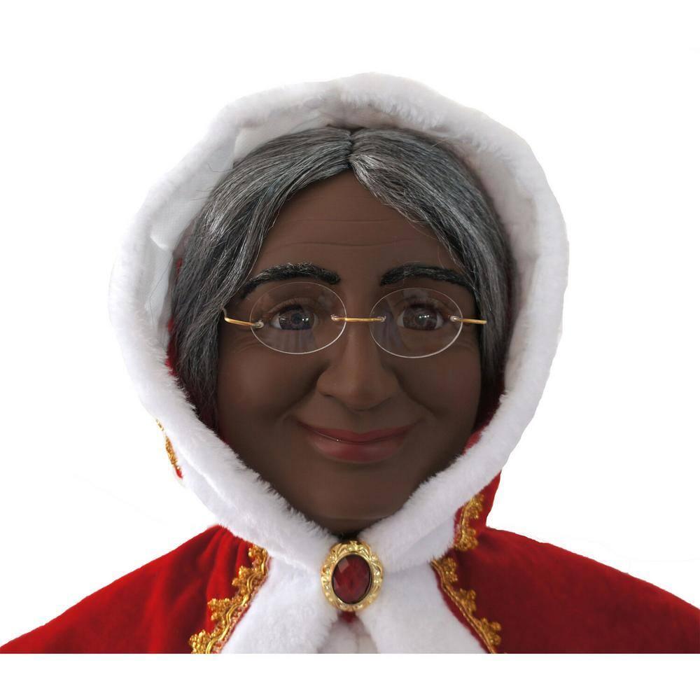 58 in. Dancing African American Christmas Mrs. Claus with Hooded Cloak and Basket