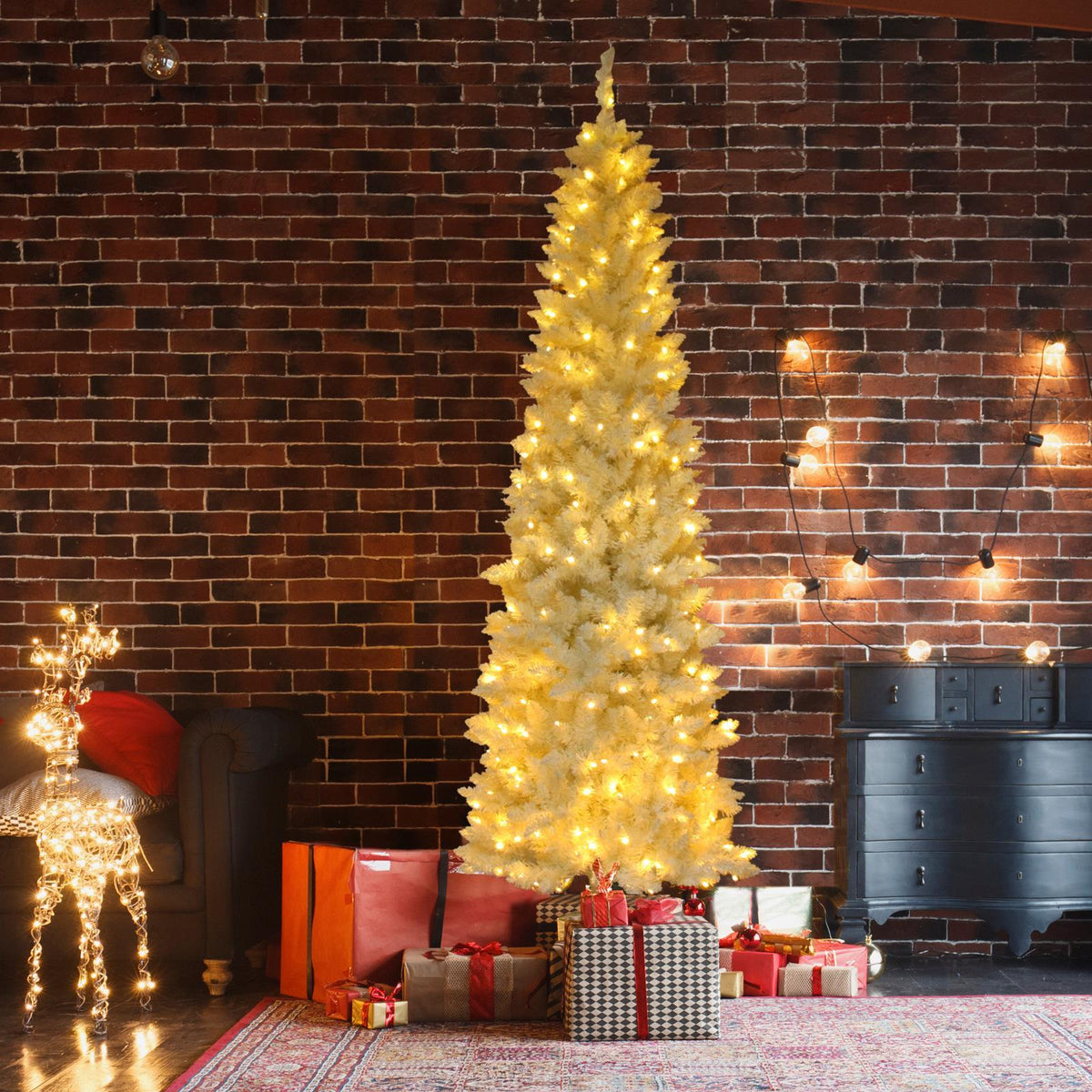 SalonMore 7.5 ft White Artificial Christmas Tree Pencil Pine Slim Skinny Tree with Pre-Lit Lights 1050 Tips