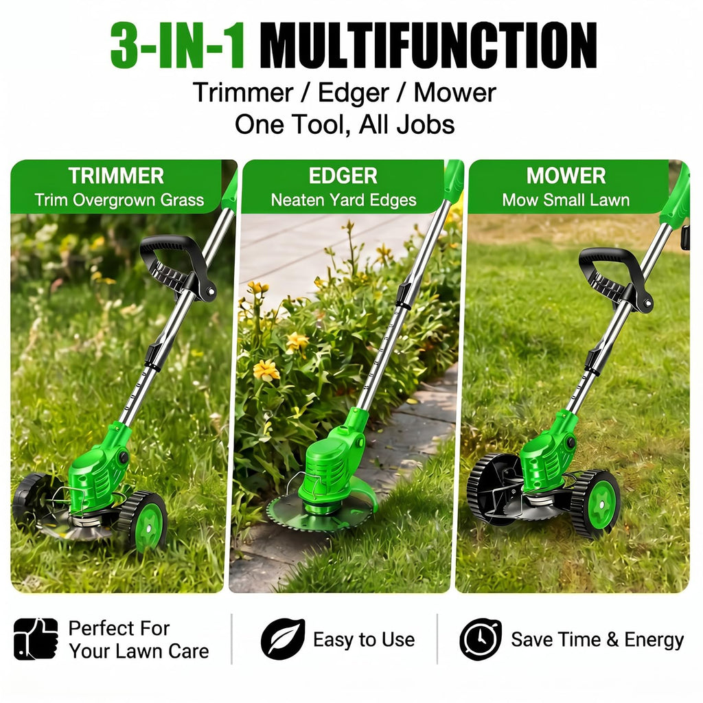Cordless Weed Wacker with 2 Batteries, Lightweight 21V Weed Trimmer with Wheels, Electric Grass Trimmer, Adjustable Shaft Lawn Tool for Small Yard Tight Spaces